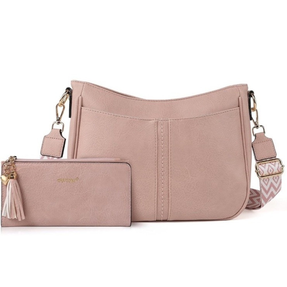 Pink Crossbody Bag for Women Guitar Strap W/Wallet Vegan Leather Women